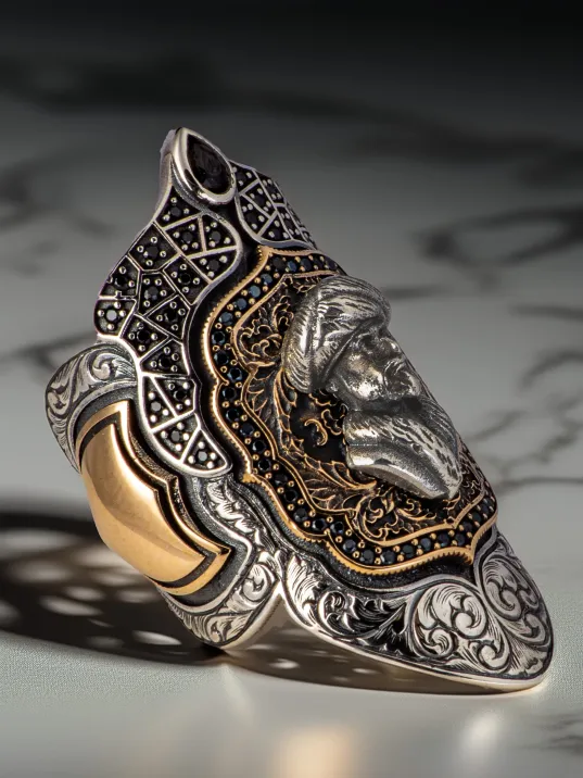 Erkek Mevlana Kabartmalı Siyah Zirkon Taşlı Erkek Gümüş Yüzük Zihgir Model