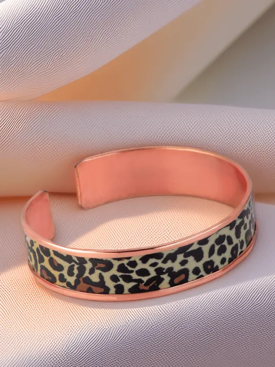 Kadın Bakır Bileklik Yüzük Set - Leopar Model Özel Baskı Metal Kutu Ve Kuvars Taşı