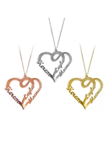 Çift Kalp Kişiye Özel İsimli Bayan Altın Renk Kolye GKLALT3ISMK