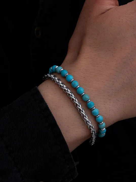 Erkek Çelik Bileklik - Turkuaz Boncuk Kral Zincir Çelik Bileklik