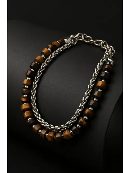 Erkek Çelik Bileklik - 2 Sıra Kahverengi Renkli Yuvarlak Kral Zincir Erkek Bileklik