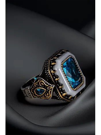 Erkek Zirkon Ve Sedef Taşlı Yanı Damla Model 925 Ayar Gümüş Yüzük