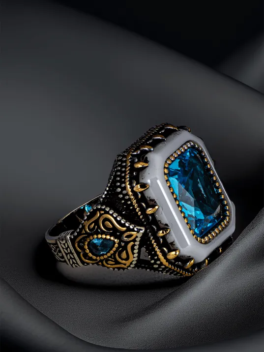 Erkek Zirkon Ve Sedef Taşlı Yanı Damla Model 925 Ayar Gümüş Yüzük