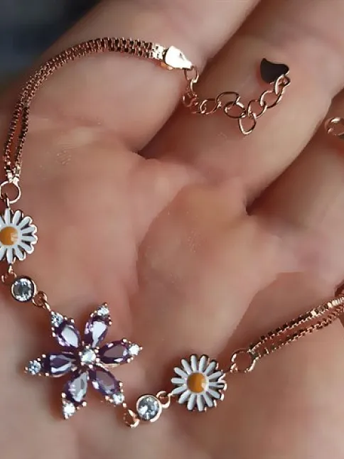Rose Rengi Nergis Çiçeği Zirkon Taşlı Bayan Gümüş Bileklik