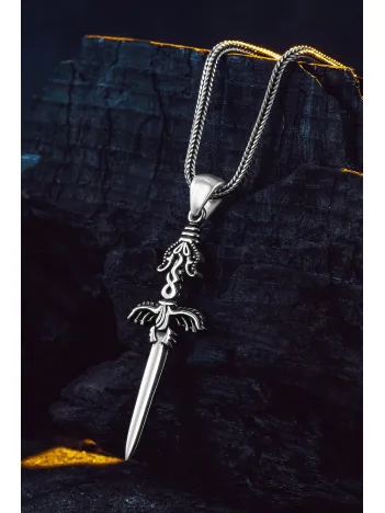 925 Ayar Gümüş Mat Ejderha Kılıcı Erkek Kolye Tilki Kuyruğu Zincir Damgalı Faturalı