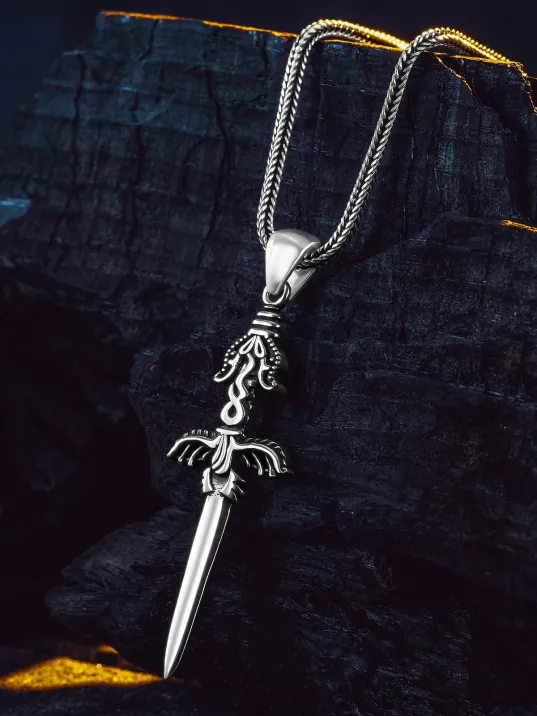 925 Ayar Gümüş Mat Ejderha Kılıcı Erkek Kolye Tilki Kuyruğu Zincir Damgalı Faturalı