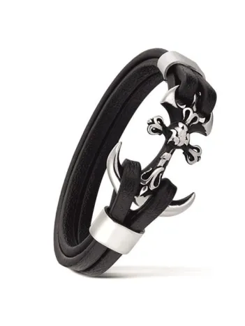 Erkek Deri Bileklik - Erkek Çelik Bileklik - Yonca Ve Çapa Figürlü Erkek Bileklik