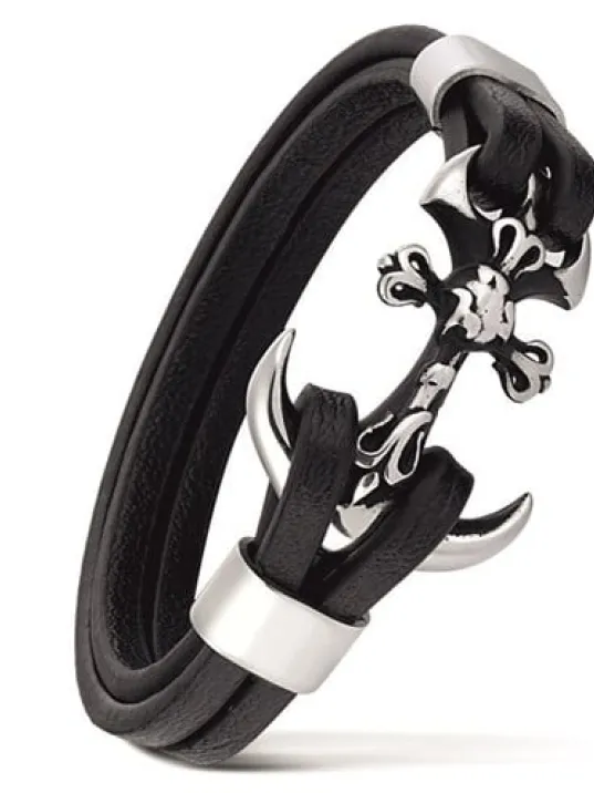 Erkek Deri Bileklik - Erkek Çelik Bileklik - Yonca Ve Çapa Figürlü Erkek Bileklik