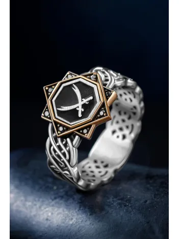 Erkek Gümüş Yüzük - Sarmal Model Zirkon Taşlı Çift Zülfikar Kılıcı İşlemeli Erkek Yüzük