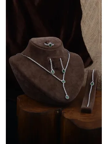 Çağıl Bayan Zümrüt Taşlı Gümüş Su Yolu Set - Kolye, Bileklik, Küpe, Yüzük