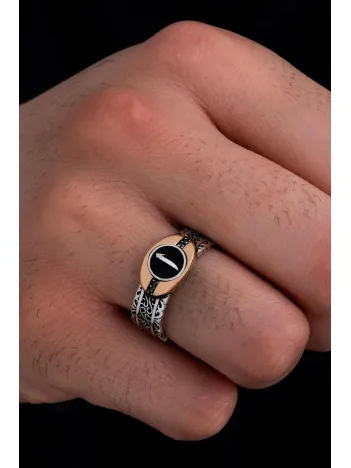 Erkek Gümüş Yüzük - Elif Yazılı Siyah Zirkon Taşlı İnce Kibar Erkek Yüzüğü