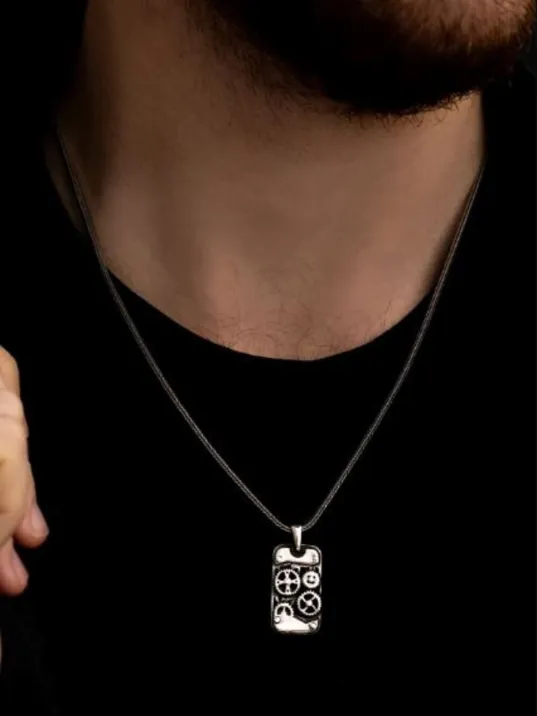 Erkek Gümüş Kolye - Parlak Model Makina Mühendislerine Dişli Çarklı Mekanizma Gümüş Kolye