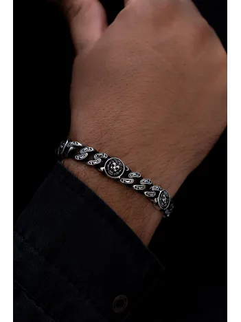 Erkek Gümüş Bileklik - Aslan Motifli Oksitli Gurmet Zinciri Gümüş Bileklik