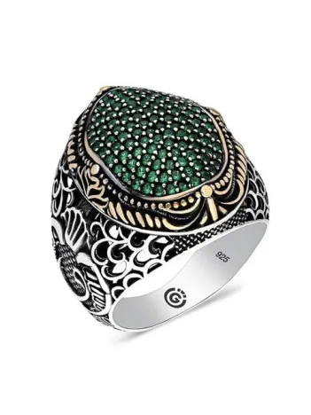 Faraba Yeşil Zirkon Taşlı Yanı Vav Özel Seri Erkek Gümüş Yüzük