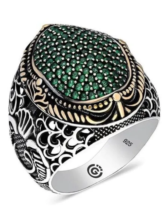 Faraba Yeşil Zirkon Taşlı Yanı Vav Özel Seri Erkek Gümüş Yüzük