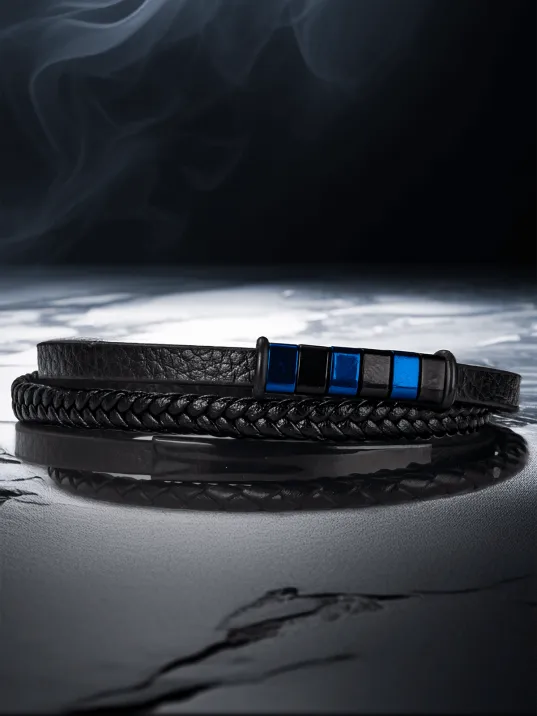 Erkek Bileklik - Örme Deri Dörtlü Bileklik