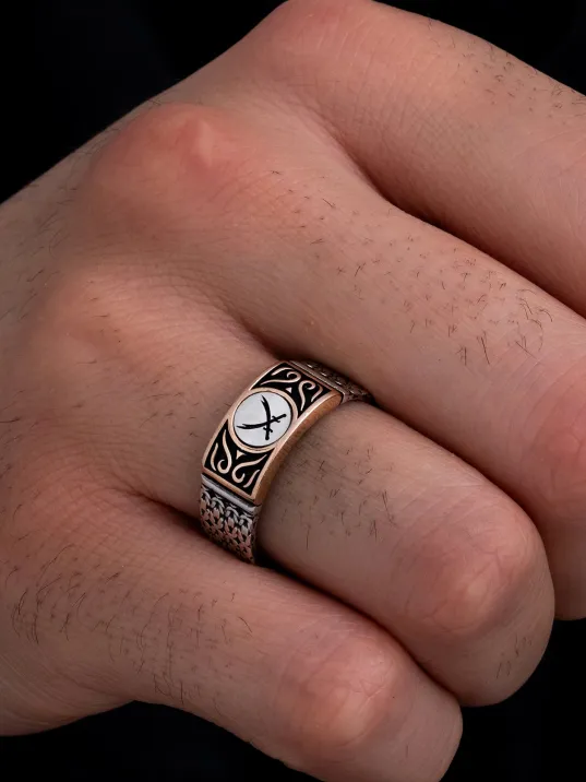 Erkek Gümüş Yüzük - Çift Zülfikar Kılıcı Zincir Motifli İnce Kibar Erkek Yüzüğü