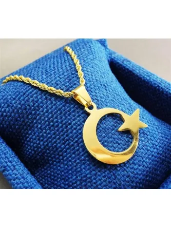 Altın Rengi Ay Yıldız Bayrak Erkek Çelik Kolye Zincir