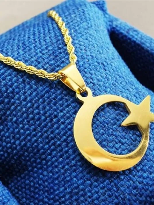 Altın Rengi Ay Yıldız Bayrak Erkek Çelik Kolye Zincir