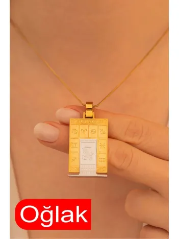 Kadın Çelik Kolye - Çelik Dikdörtgen Model Burç İşlemeli Kadın Kolye