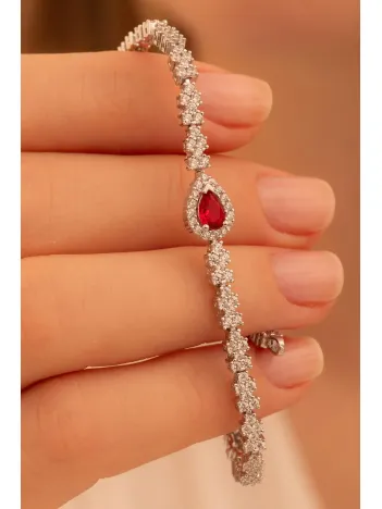 Kadın Gümüş Bileklik - Yakut Taşlı Damla Model Zirkon Süslemeli Kadın Bileklik