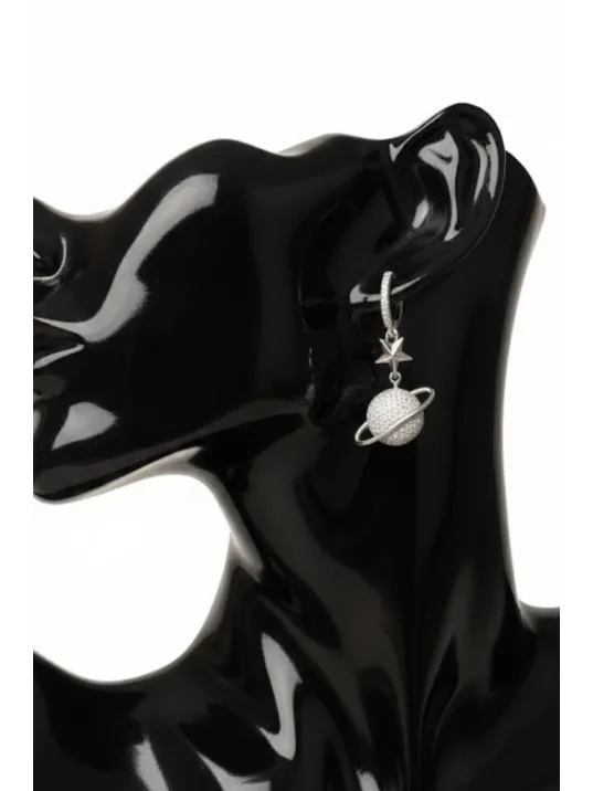 Kadın Gümüş Küpe - Yıldız Ve Satürn Gezegen Model Zirkon Taş Gümüş Küpe