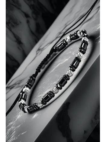 Siyah Hematit Taşlı Ayarlanabilir İpli 925 Ayar Gümüş Detaylı Erkek Bileklik Model 2