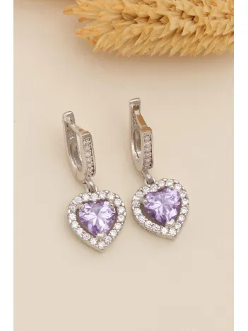 Kadın Gümüş Küpe - Kalp Model Ametist Taşlı Zirkon Süslemeli Rodyumlu Kadın Küpe