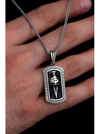 Erkek Gümüş Kolye - Grek Desenli Savaşçı Maskesi Tilki Kuyruğu Zincir Erkek Kolye