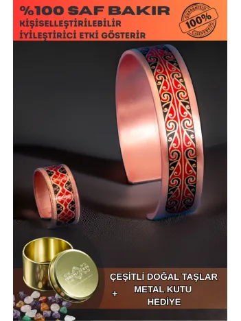 Kadın Bakır Bileklik Yüzük Set - Katherina Model Özel Baskı Metal Kutu Ve Doğal Taşlar