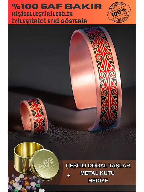 Kadın Bakır Bileklik Yüzük Set - Katherina Model Özel Baskı Metal Kutu Ve Doğal Taşlar