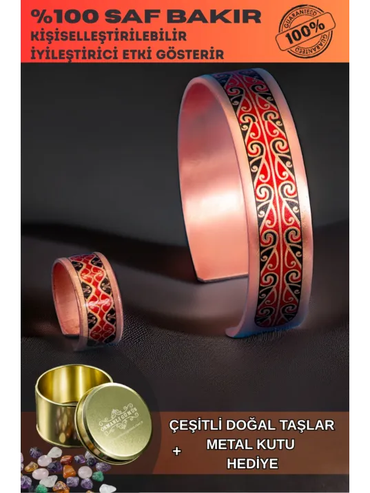 Kadın Bakır Bileklik Yüzük Set - Katherina Model Özel Baskı Metal Kutu Ve Doğal Taşlar