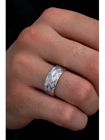 Erkek Gümüş Yüzük - 925 Ayar Baklava Desenli Gümüş Alyans Yüzük