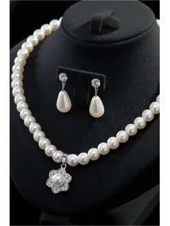 Kadın İnci Kolye Küpe Set - Margaret Model Çiçek Motifli Kadın İnci Set