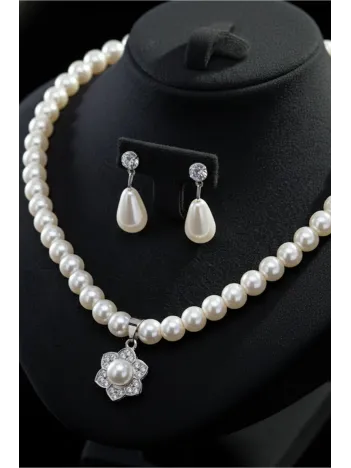 Kadın İnci Kolye Küpe Set - Margaret Model Çiçek Motifli Kadın İnci Set