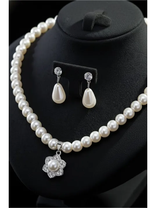 Kadın İnci Kolye Küpe Set - Margaret Model Çiçek Motifli Kadın İnci Set