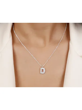 Kadın Gümüş Kolye - D Harfi Zirkon Taşlı Balon Harf Kadın Kolye