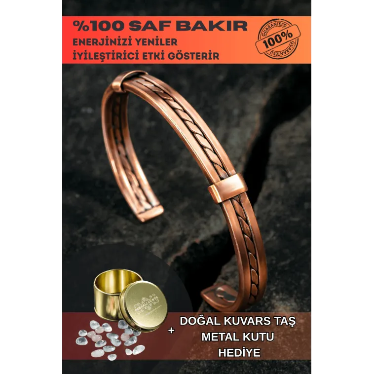 Kadın Erkek Saf Bakır Bileklik Hasır Model Metal Kutu Kuvars Taşlar