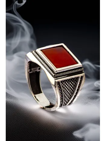 Erkek Gümüş Yüzük - Kırmızı Akik Taşlı Gümüş Yüzük Erkek Gümüş Yüzük - Kırmızı Akik Taşlı Gümüş Yüzük