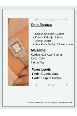 Kadın Gümüş Saat - Gelin Saati - Zirkon Taşlı 925 Ayar Gümüş Kadın Saat Kare Model