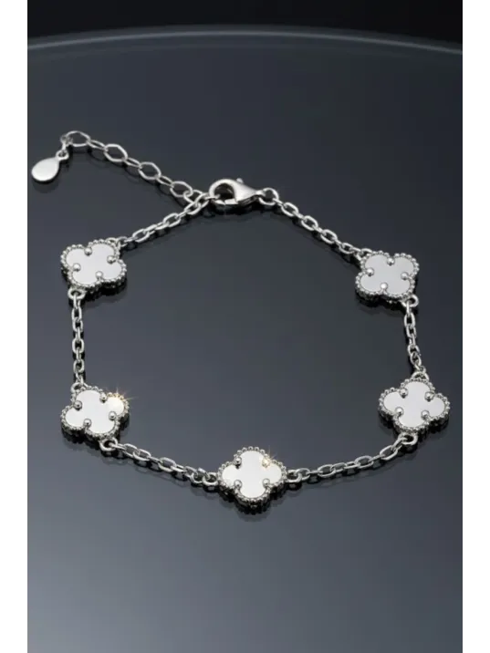 Kadın Gümüş Bileklik - Şans Dört Yaprak Motifli Oniks Taşlı Bilezik