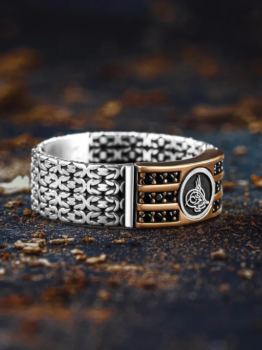 Erkek Gümüş Yüzük - Kral Zincirli Zirkon Taşlı Osmanlı Tuğralı İşlemeli Erkek Yüzük