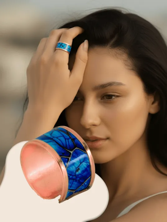 Kadın Bakır Bileklik Yüzük Set - Ocean Model Özel Baskı Metal Kutu Ve Kuvars Taşı