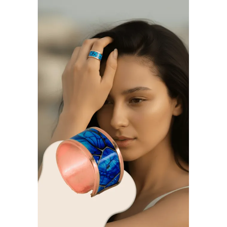 Kadın Bakır Bileklik Yüzük Set - Ocean Model Özel Baskı Metal Kutu Ve Kuvars Taşı Kadın Bakır Bileklik Yüzük Set - Ocean Model Özel Baskı Metal Kutu Ve Kuvars Taşı
