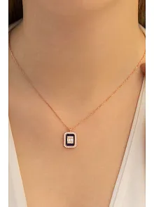 Kare Baget Taşlı Kadın Gümüş Kolye Zincir GKLKRBGTM1D-ROS-Rose (bronz)
