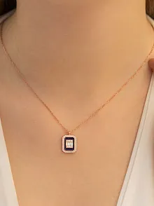 Kare Baget Taşlı Kadın Gümüş Kolye Zincir GKLKRBGTM1D-ROS-Rose (bronz)