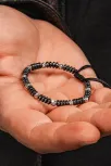 Siyah Hematit Taşlı Gümüş Detaylı Ayarlanabilir Erkek İp Bileklik - Model 7