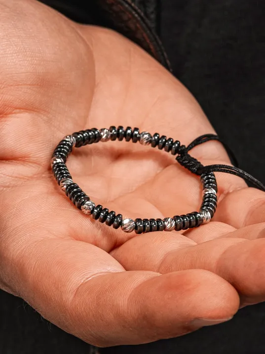 Siyah Hematit Taşlı Gümüş Detaylı Ayarlanabilir Erkek İp Bileklik - Model 7