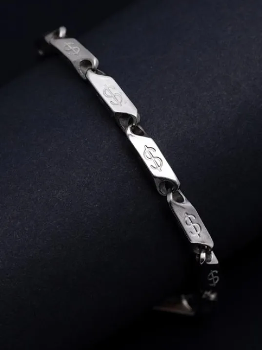 Erkek Çelik Bileklik - Dolar Motifli Orta Kalınlıkta Çelik Bileklik