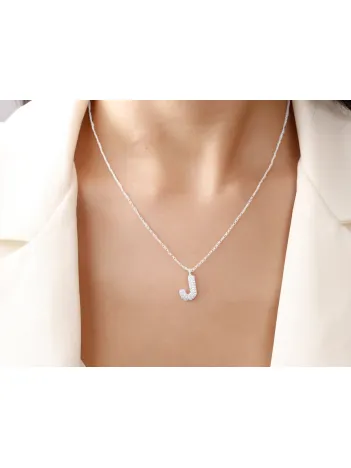 Kadın Gümüş Kolye - J Harfi Zirkon Taşlı Balon Harf Kadın Kolye